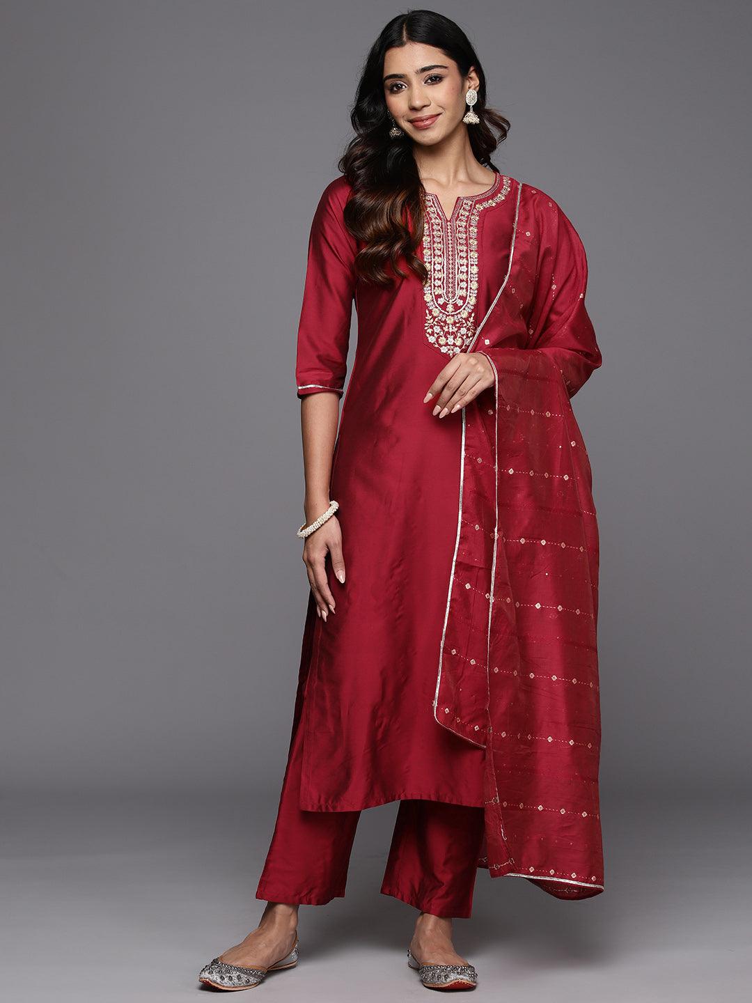 Red Yoke Design Silk Blend Straight Kurta With Trousers & Dupatta - Libas 