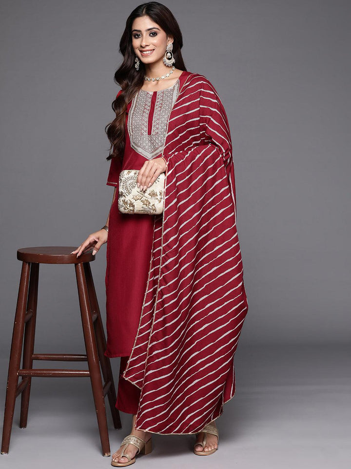 Red Yoke Design Silk Blend Straight Kurta With Trousers & Dupatta - Libas