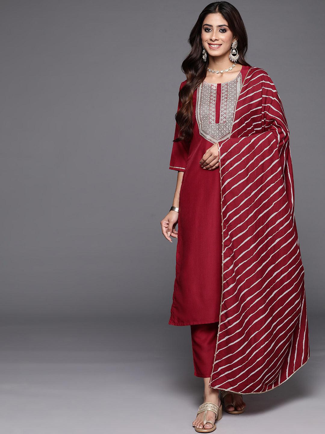 Red Yoke Design Silk Blend Straight Kurta With Trousers & Dupatta - Libas