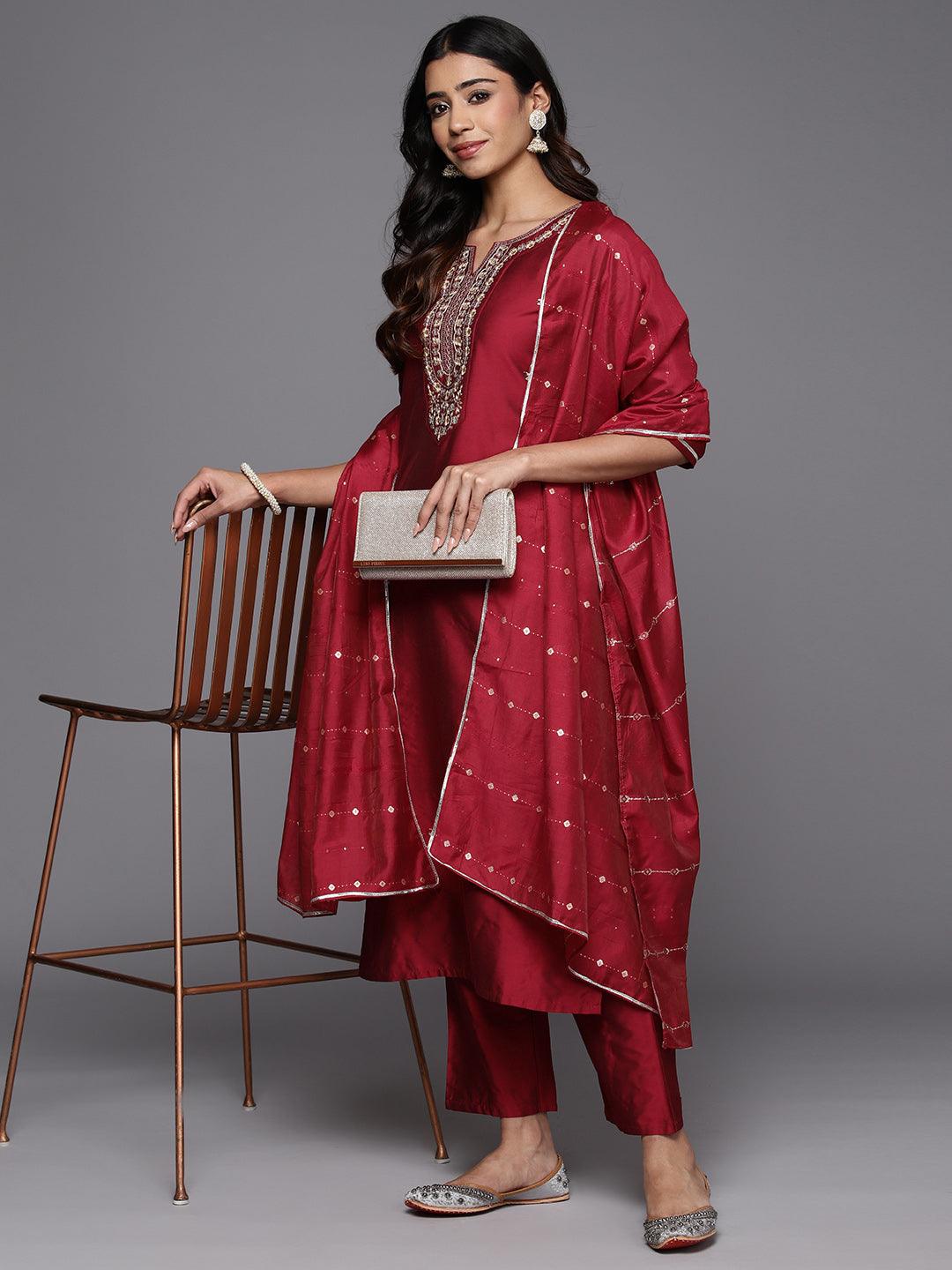 Red Yoke Design Silk Blend Straight Kurta With Trousers & Dupatta - Libas 