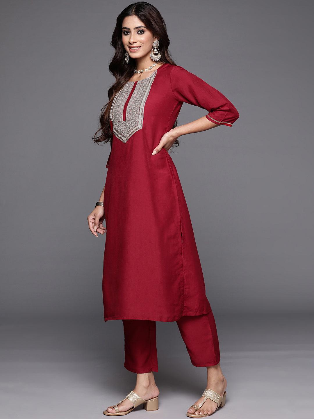 Red Yoke Design Silk Blend Straight Kurta With Trousers & Dupatta - Libas