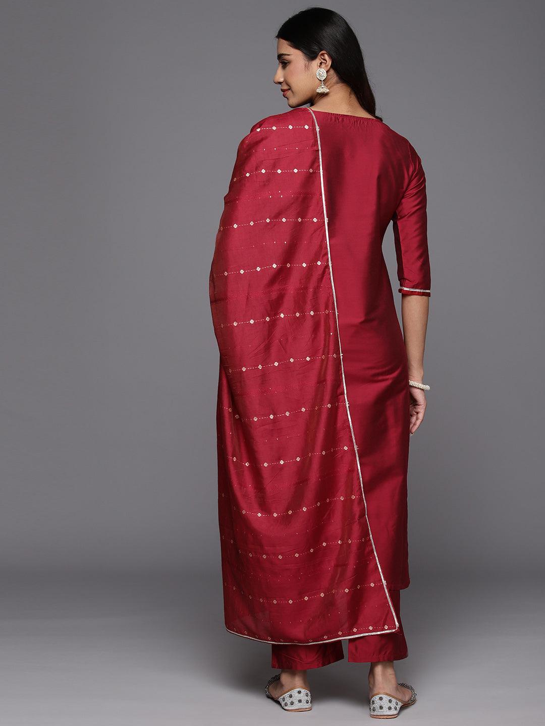 Red Yoke Design Silk Blend Straight Kurta With Trousers & Dupatta - Libas 