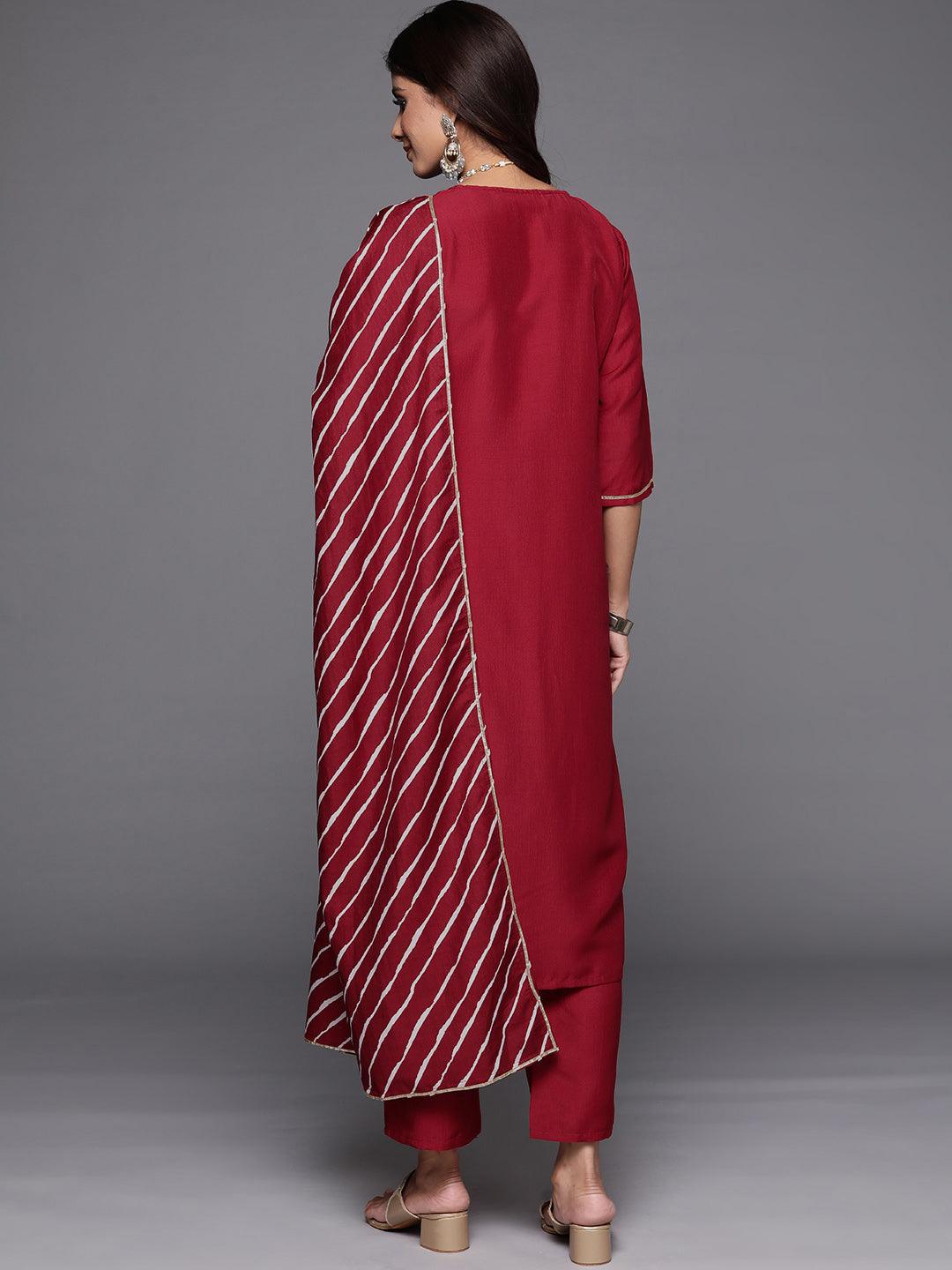 Red Yoke Design Silk Blend Straight Kurta With Trousers & Dupatta - Libas