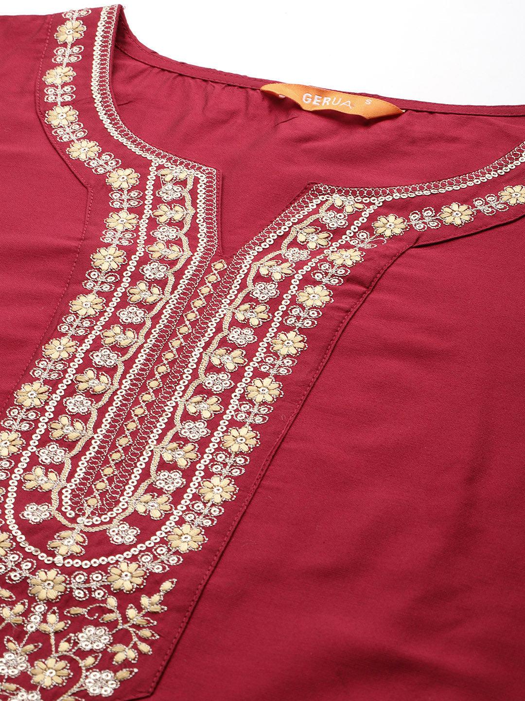 Red Yoke Design Silk Blend Straight Kurta With Trousers & Dupatta - Libas 