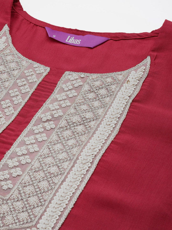 Red Yoke Design Silk Blend Straight Kurta With Trousers & Dupatta - Libas