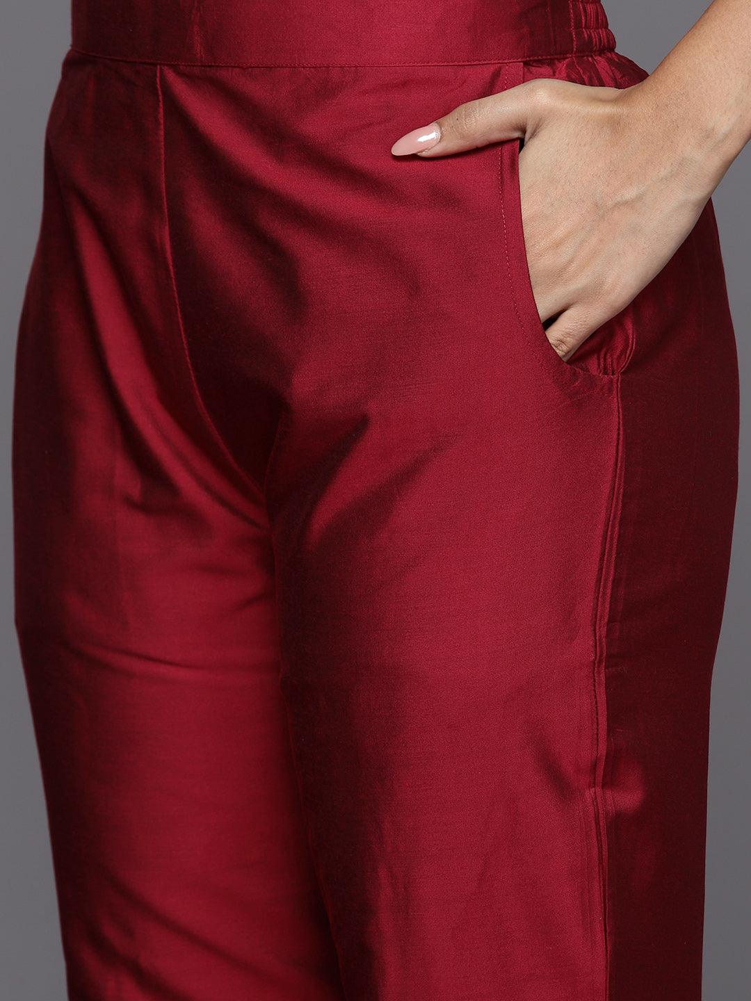 Red Yoke Design Silk Blend Straight Kurta With Trousers & Dupatta - Libas 