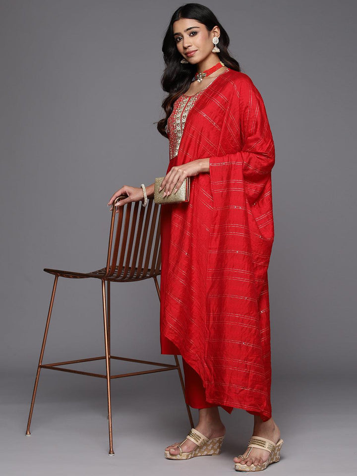 Red Yoke Design Silk Blend Straight Kurta With Trousers & Dupatta - Libas