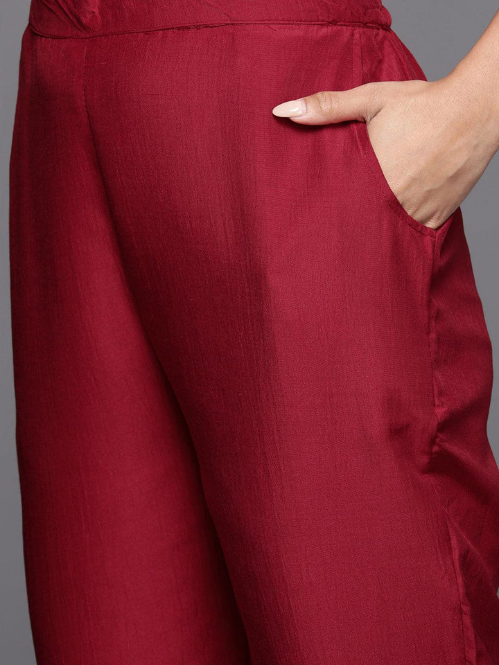 Red Yoke Design Silk Blend Straight Kurta With Trousers & Dupatta - Libas