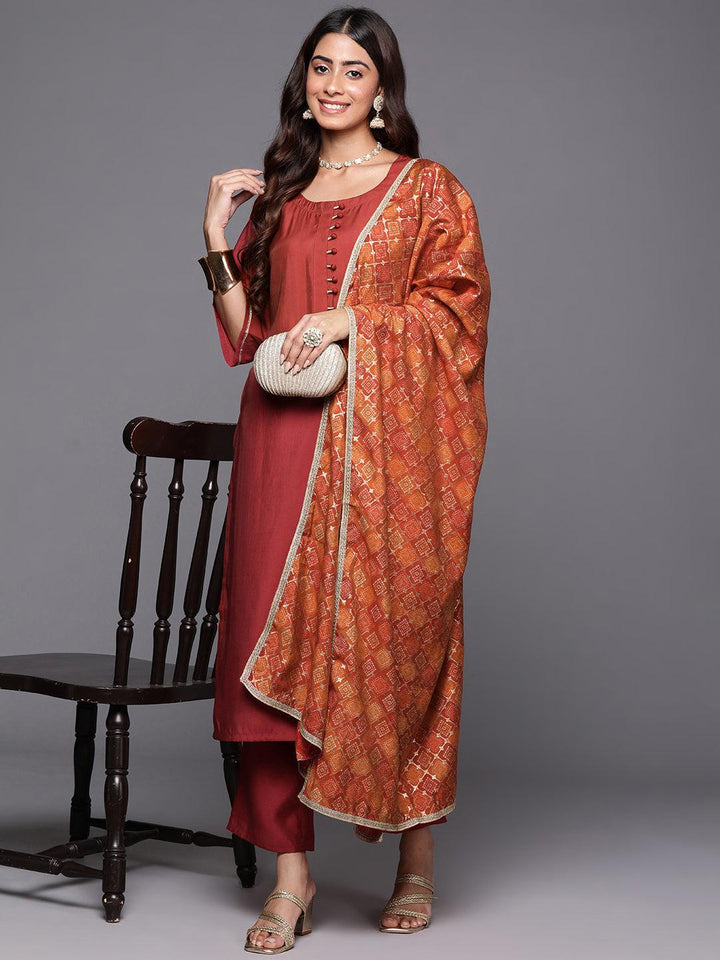 Rust Solid Silk Blend Straight Kurta With Trousers & Dupatta - Libas