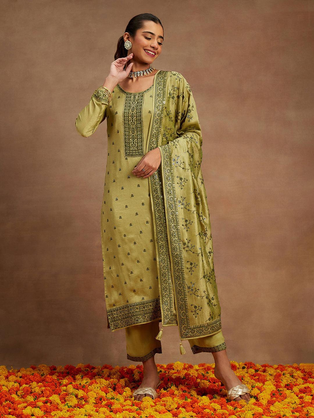 Sage Green Embroidered Silk Blend Straight Kurta With Trousers & Dupatta - Libas