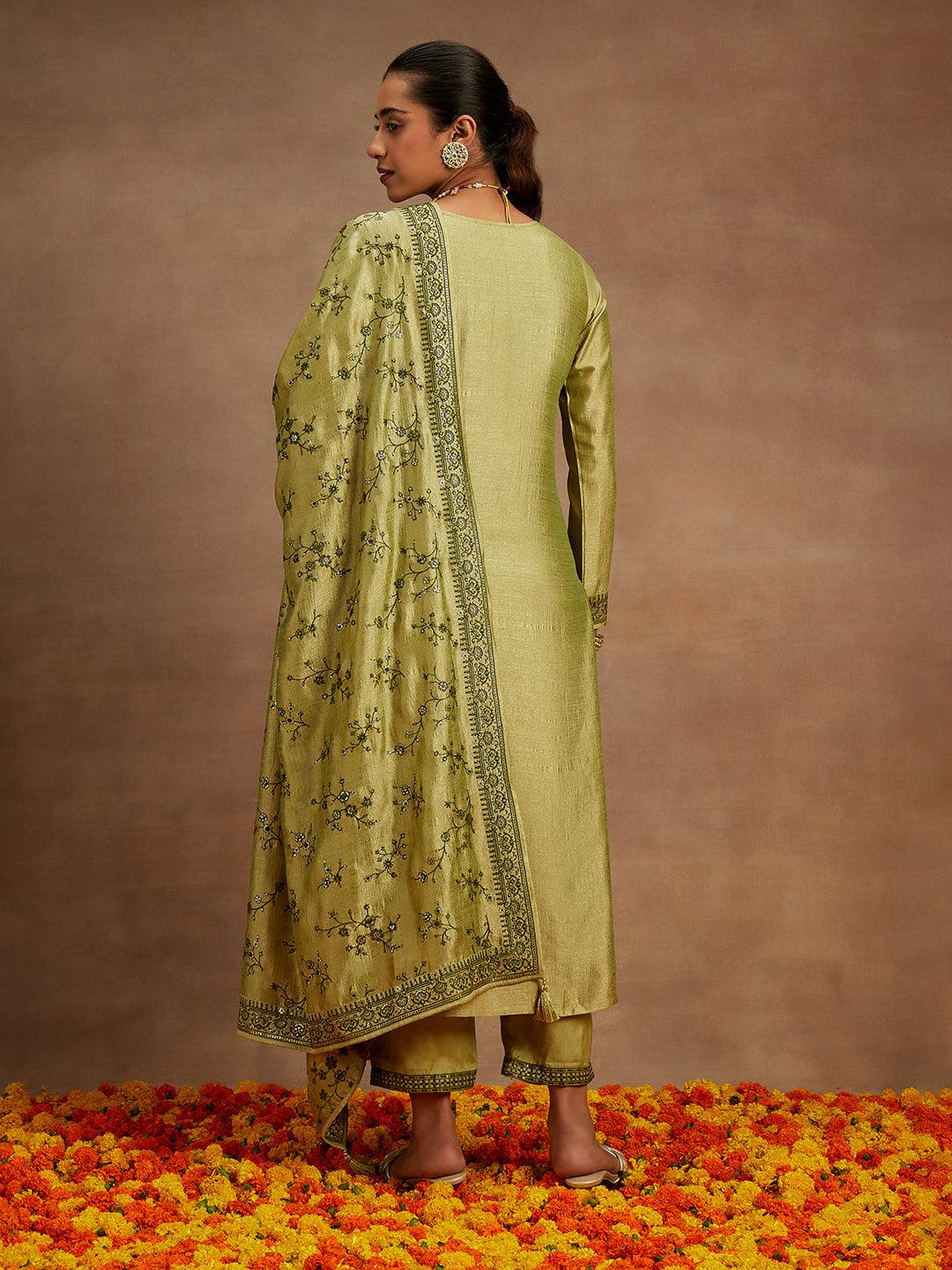 Sage Green Embroidered Silk Blend Straight Kurta With Trousers & Dupatta - Libas