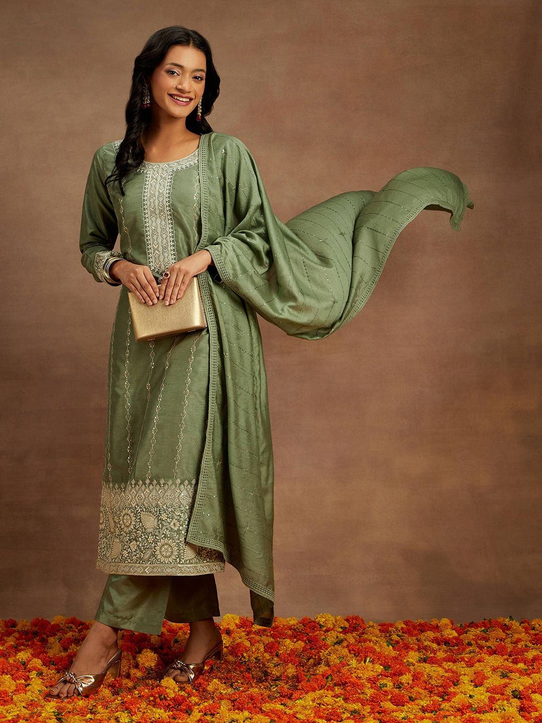 Sage Green Embroidered Silk Straight Kurta With Trousers & Dupatta - Libas