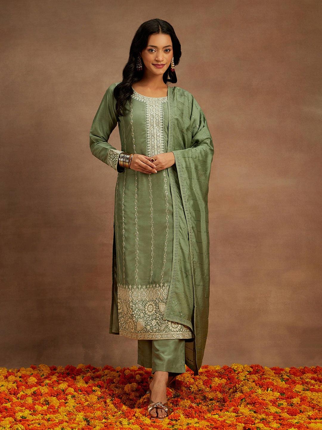 Sage Green Embroidered Silk Straight Kurta With Trousers & Dupatta - Libas