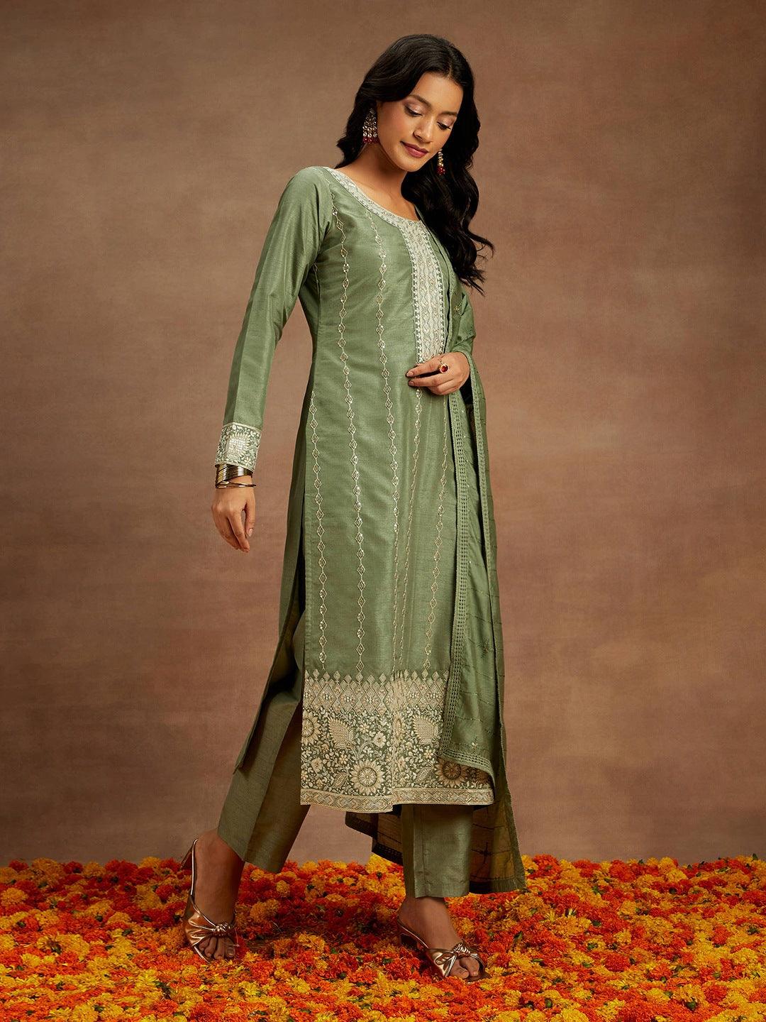 Sage Green Embroidered Silk Straight Kurta With Trousers & Dupatta - Libas