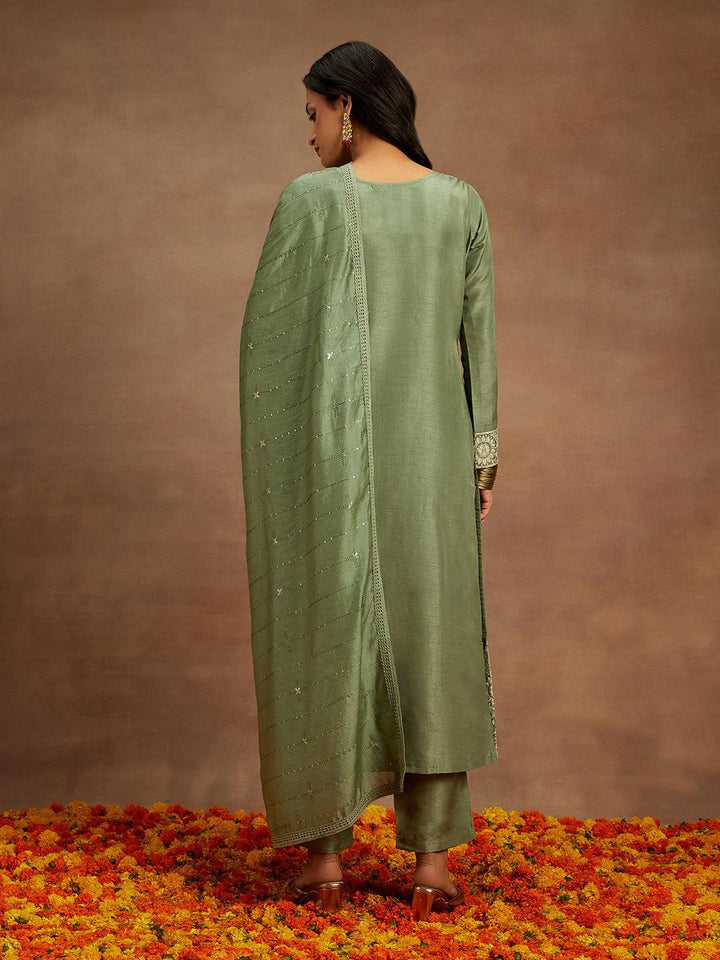 Sage Green Embroidered Silk Straight Kurta With Trousers & Dupatta - Libas