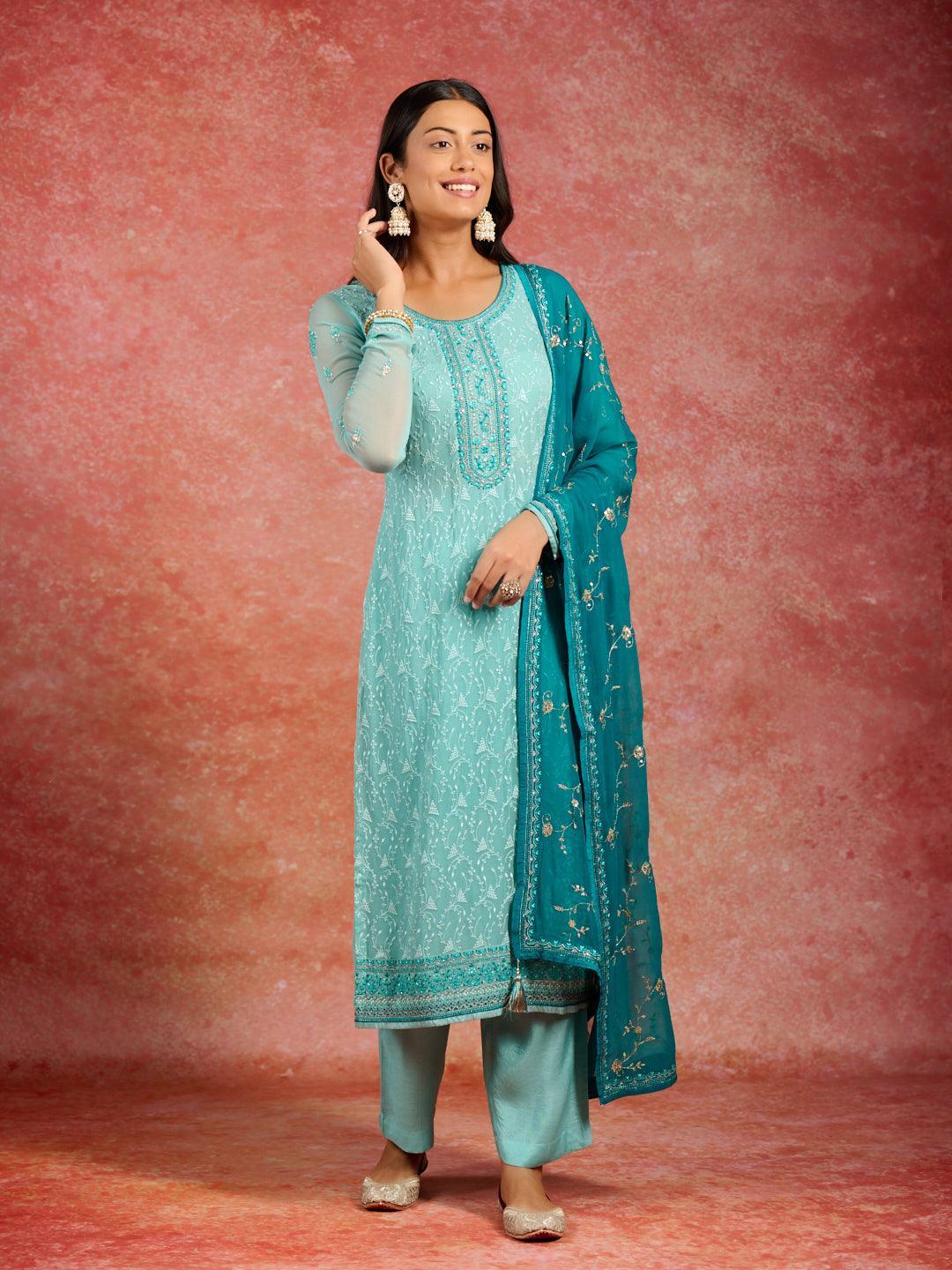 Green Embroidered Georgette Straight Suit With Dupatta