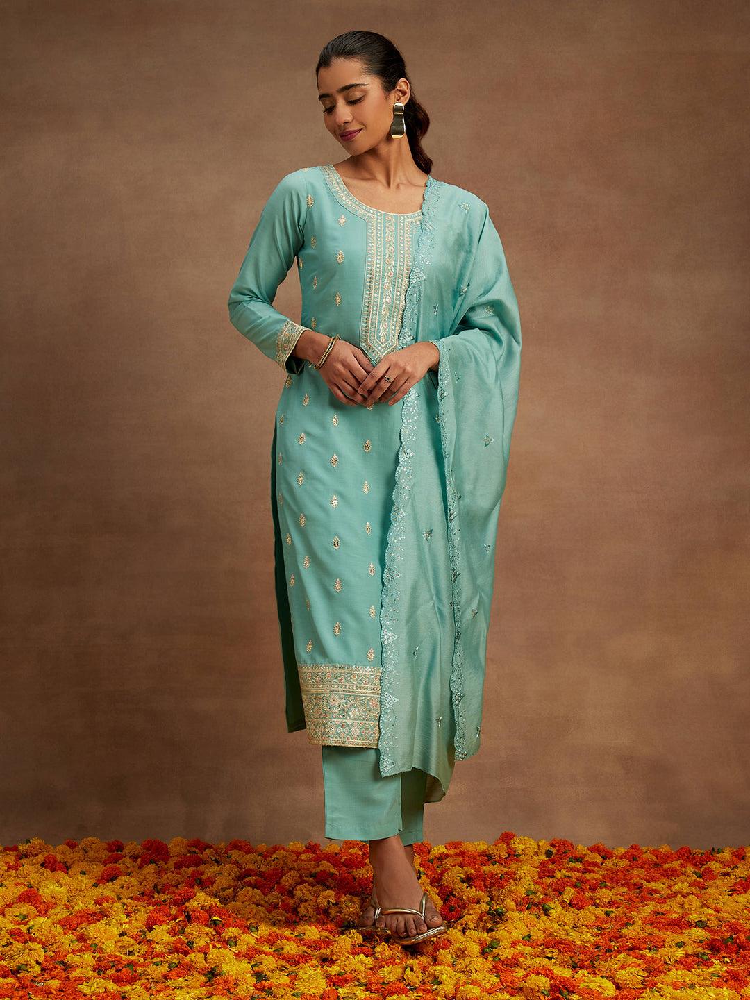 Sea Green Embroidered Silk Straight Kurta With Trousers & Dupatta - Libas