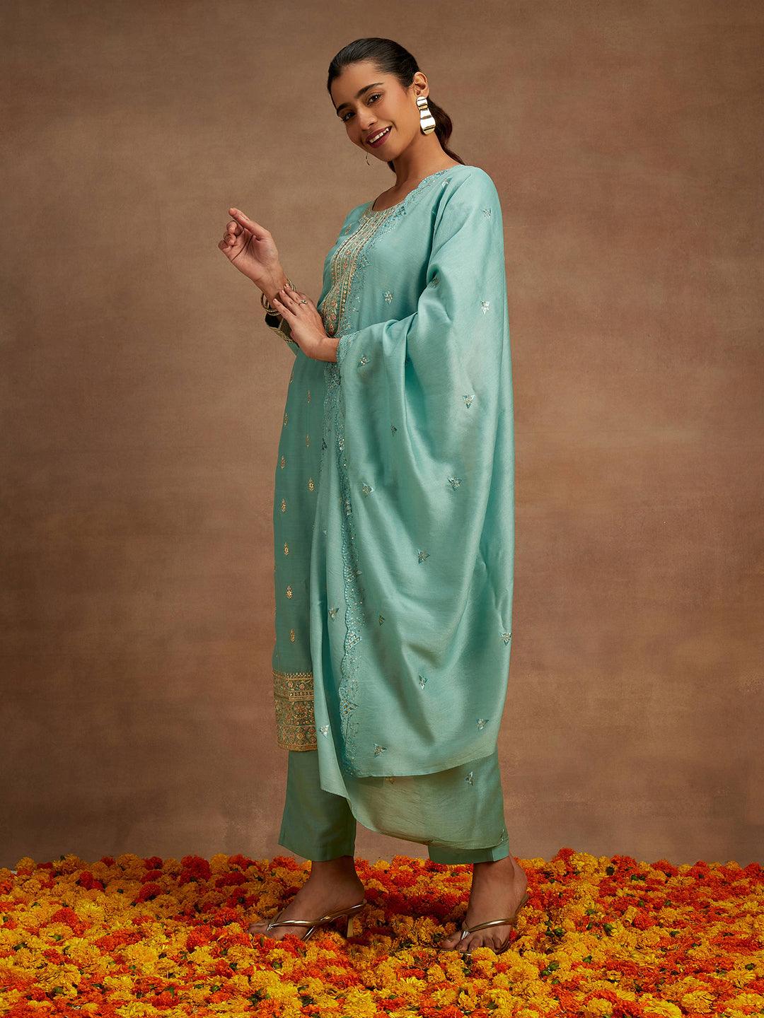 Sea Green Embroidered Silk Straight Kurta With Trousers & Dupatta - Libas 