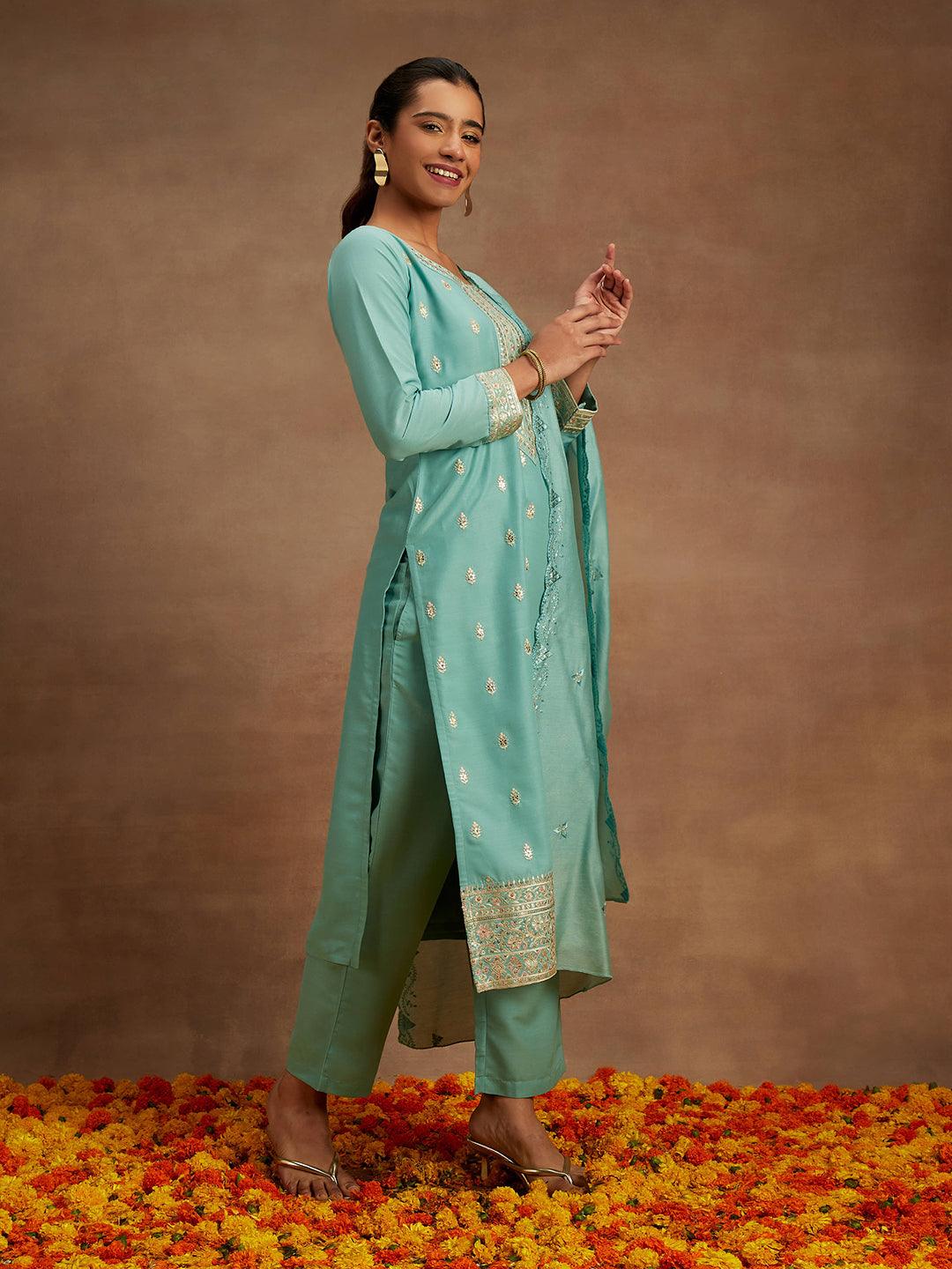 Sea Green Embroidered Silk Straight Kurta With Trousers & Dupatta - Libas