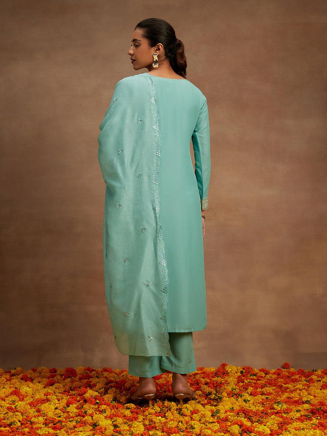 Sea Green Embroidered Silk Straight Kurta With Trousers & Dupatta - Libas