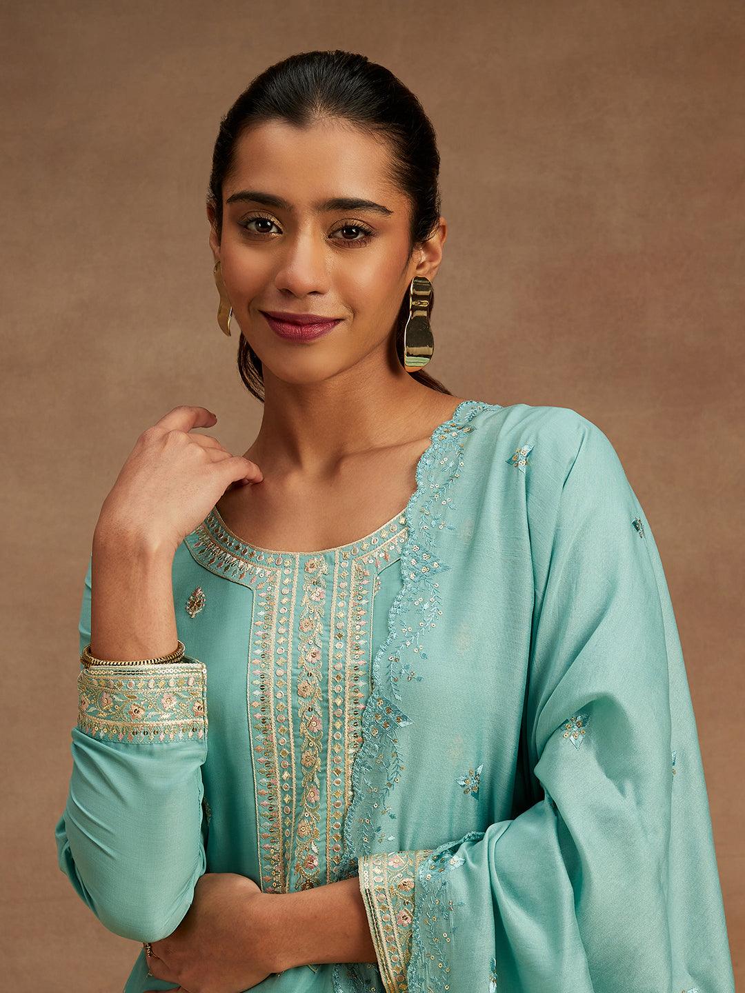 Sea Green Embroidered Silk Straight Kurta With Trousers & Dupatta - Libas 