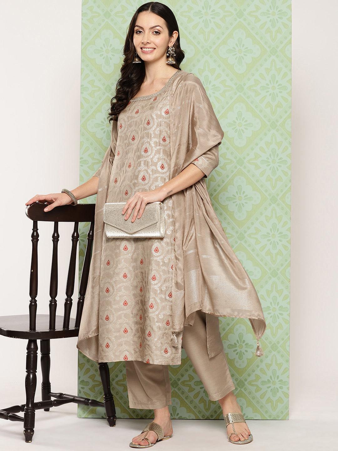 Taupe Woven Design Silk Blend Straight Kurta With Trousers & Dupatta - Libas