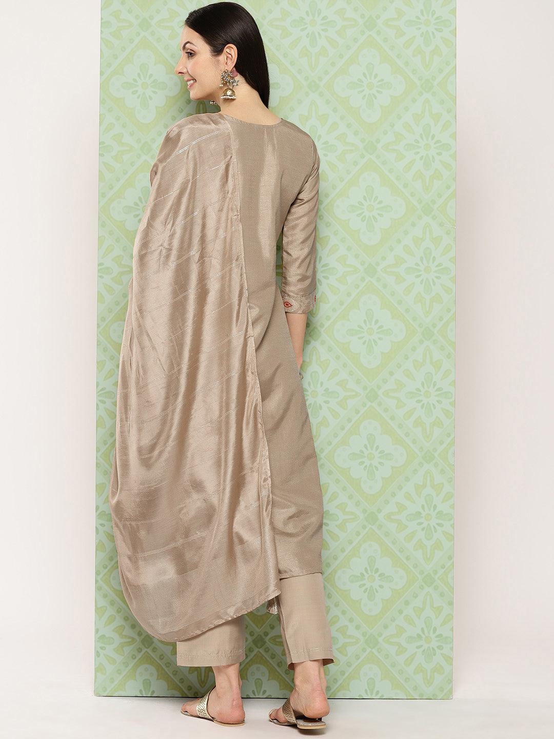 Taupe Woven Design Silk Blend Straight Kurta With Trousers & Dupatta - Libas