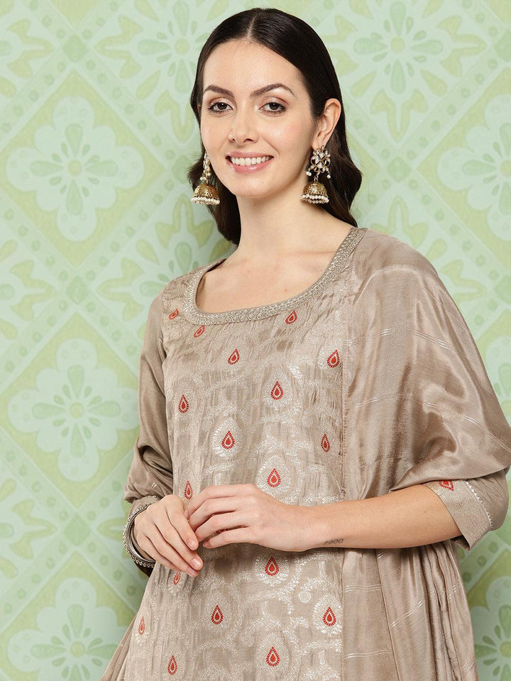 Taupe Woven Design Silk Blend Straight Kurta With Trousers & Dupatta - Libas