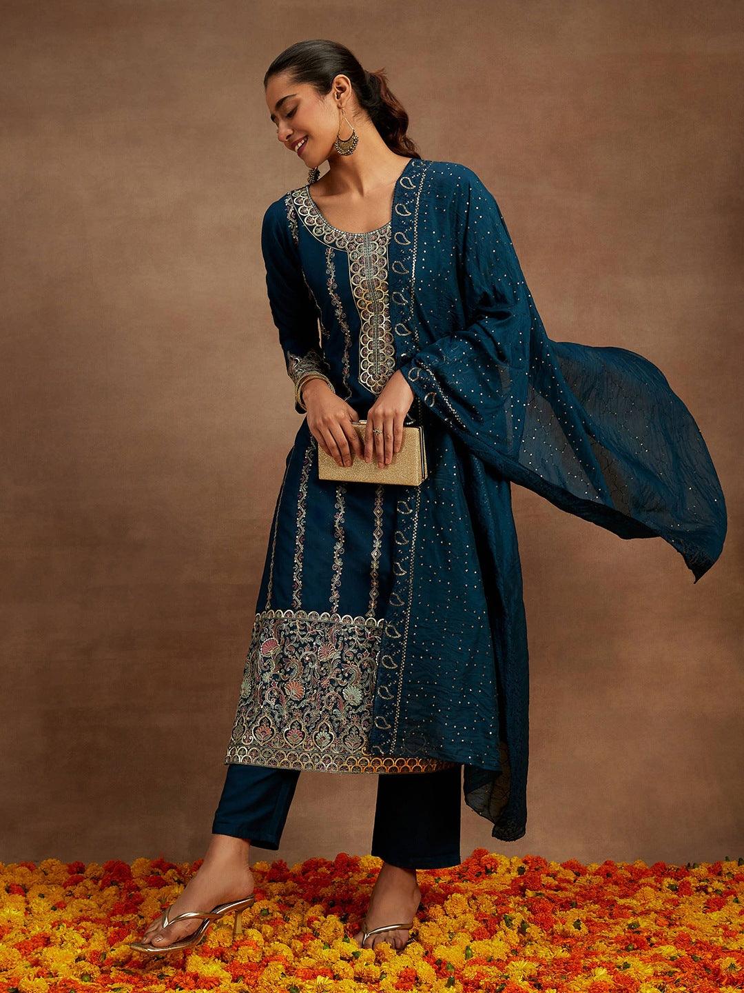 Teal Embroidered Silk Straight Kurta With Trousers & Dupatta - Libas