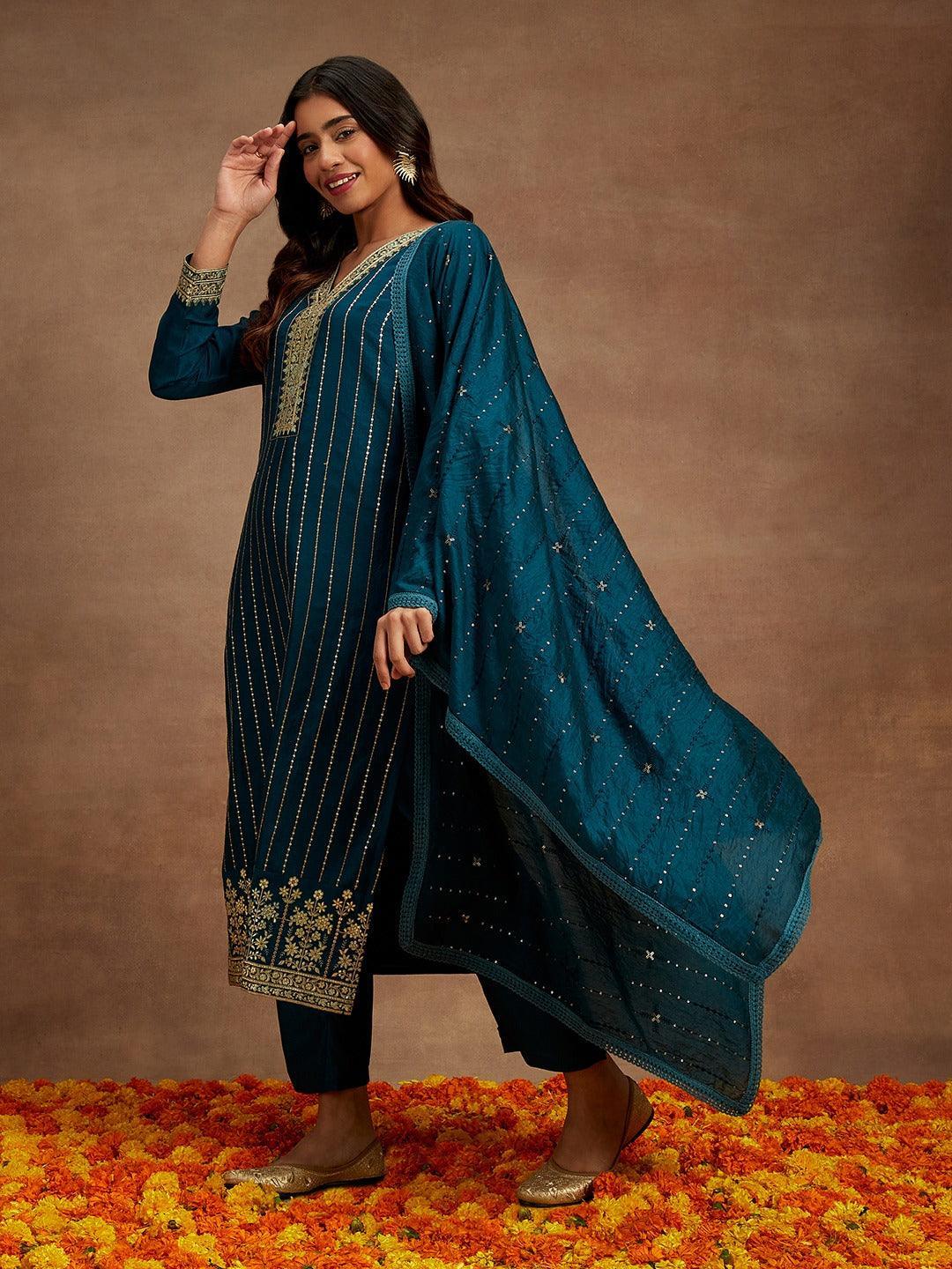 Teal Embroidered Silk Straight Kurta With Trousers & Dupatta - Libas 