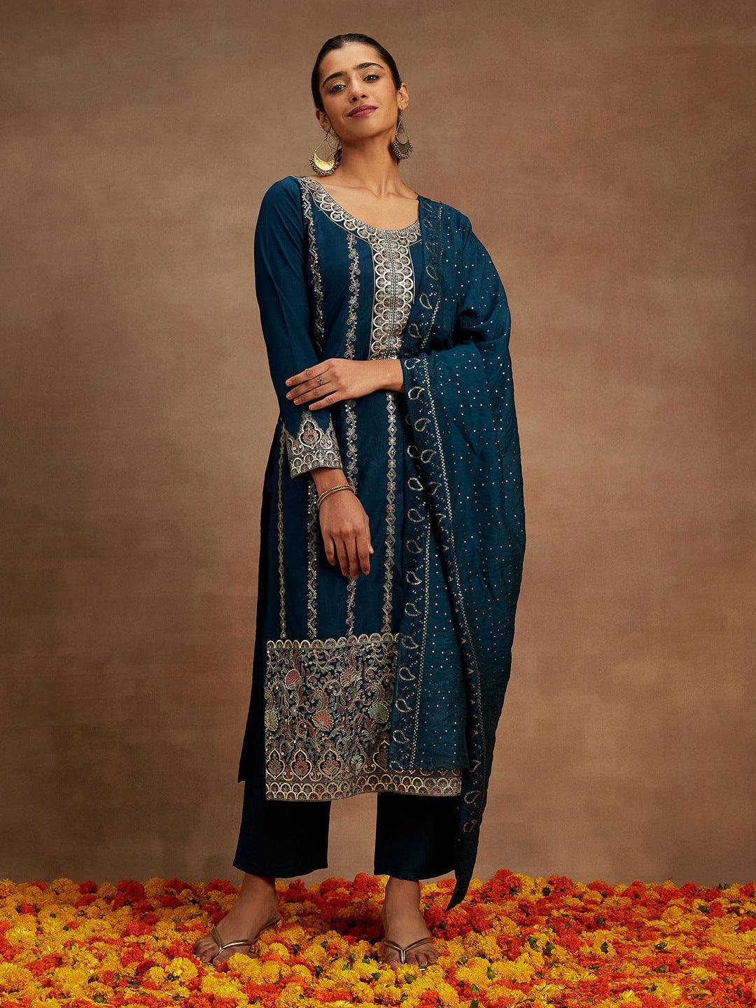 Teal Embroidered Silk Straight Kurta With Trousers & Dupatta - Libas 