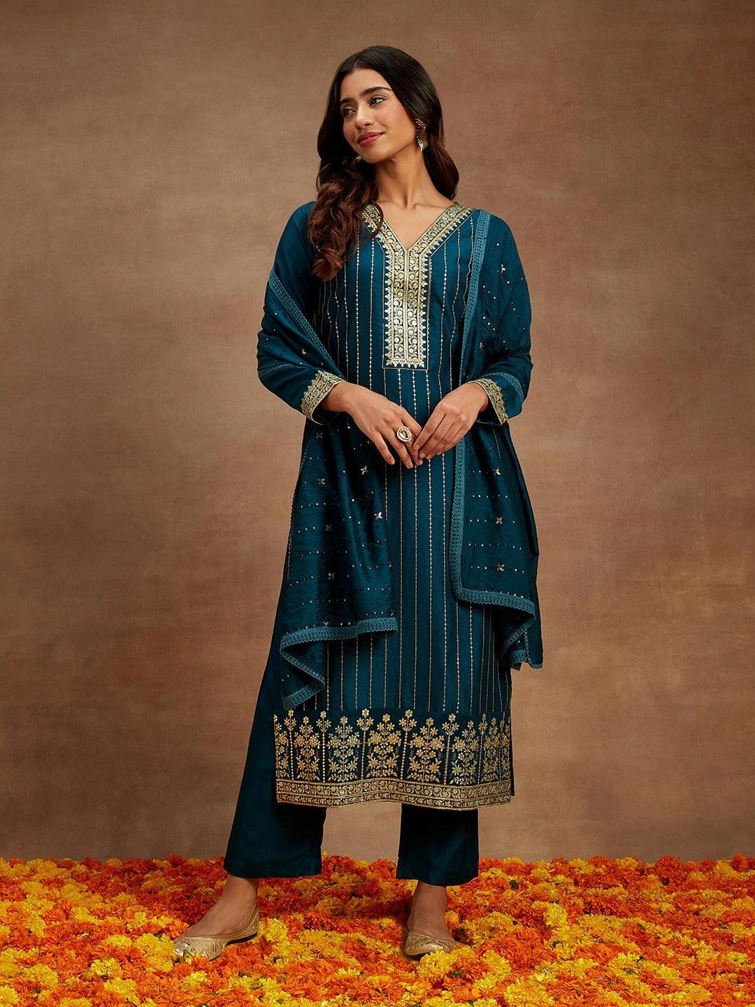 Teal Embroidered Silk Straight Kurta With Trousers & Dupatta - Libas 