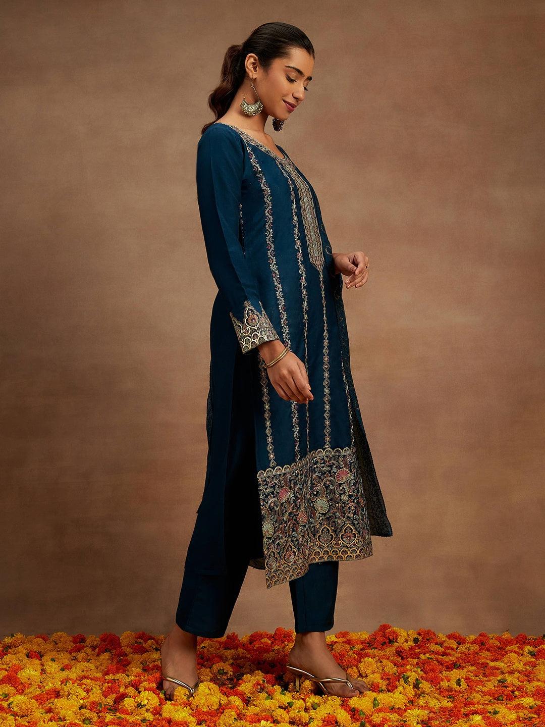 Teal Embroidered Silk Straight Kurta With Trousers & Dupatta - Libas 