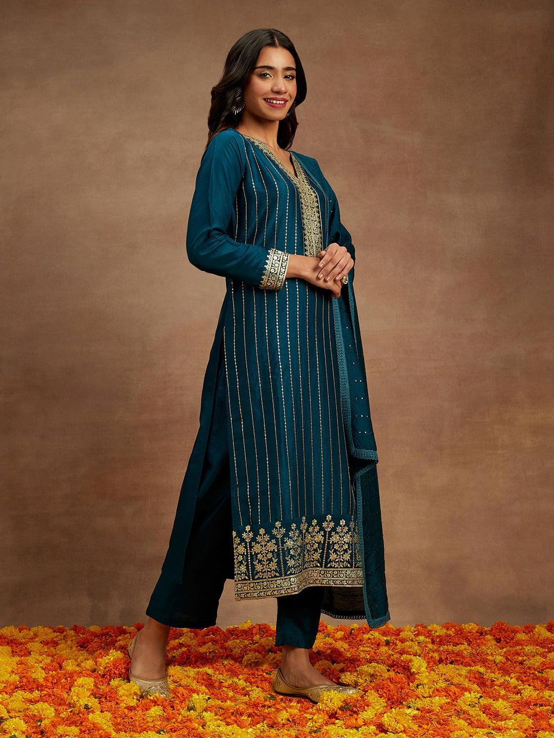 Teal Embroidered Silk Straight Kurta With Trousers & Dupatta - Libas 