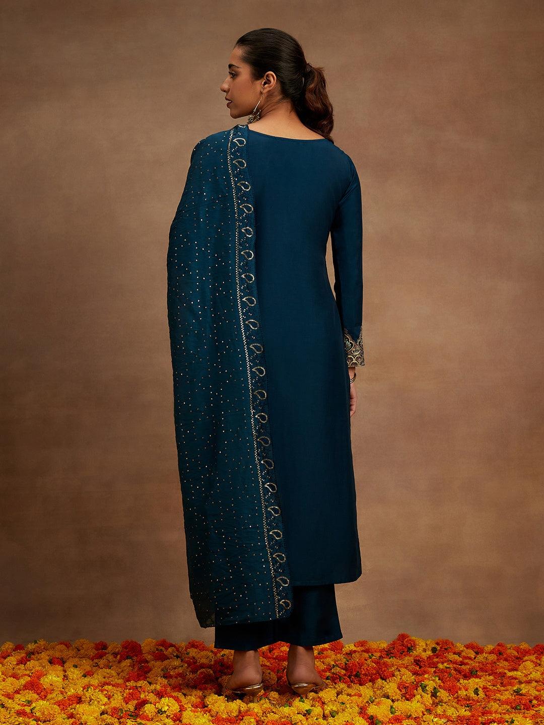 Teal Embroidered Silk Straight Kurta With Trousers & Dupatta - Libas 