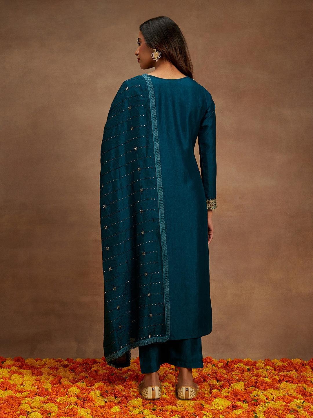 Teal Embroidered Silk Straight Kurta With Trousers & Dupatta - Libas 