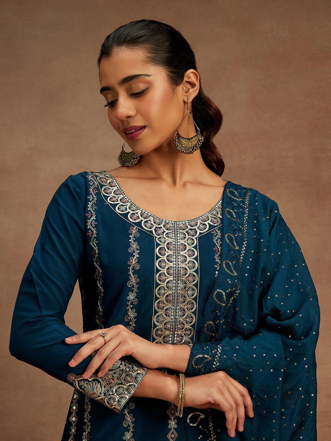 Teal Embroidered Silk Straight Kurta With Trousers & Dupatta - Libas