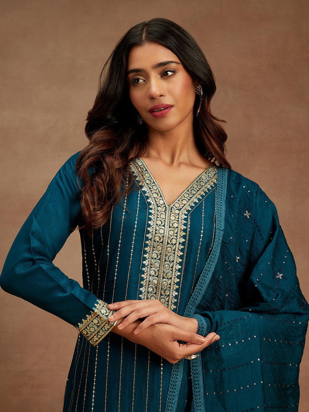 Teal Embroidered Silk Straight Kurta With Trousers & Dupatta - Libas 