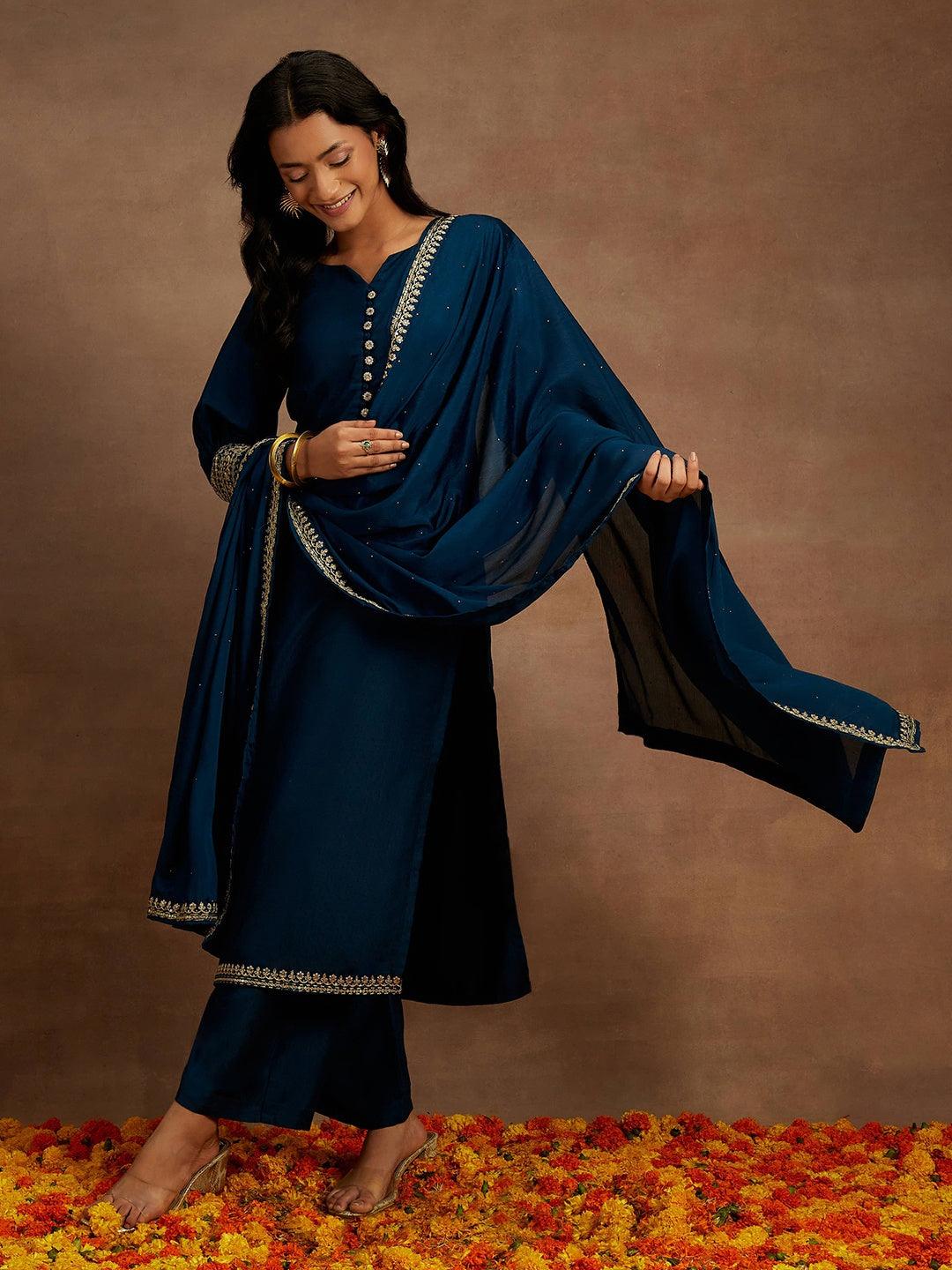 Teal Solid Silk Blend Straight Kurta With Palazzos & Dupatta - Libas 