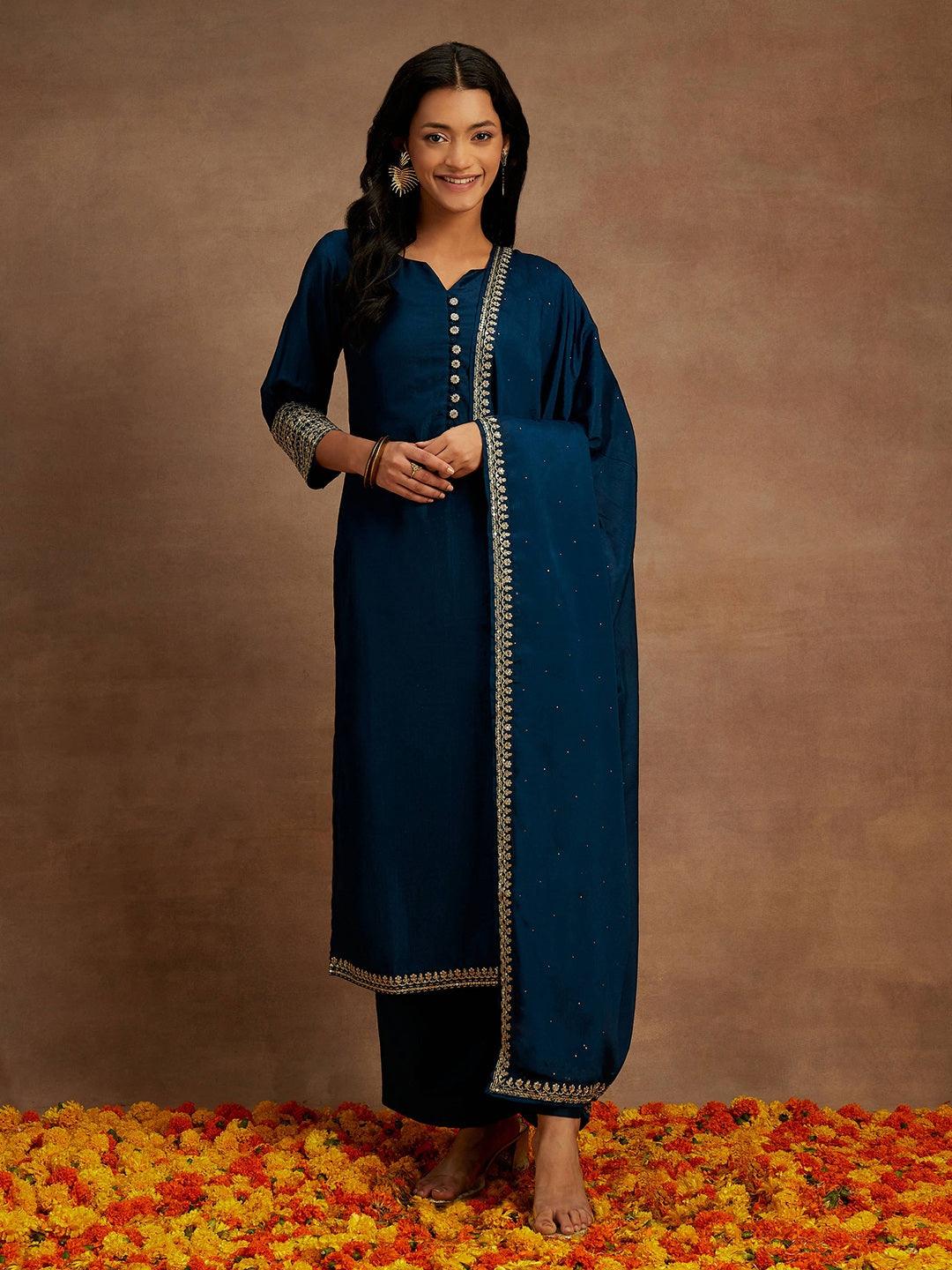 Teal Solid Silk Blend Straight Suit With Dupatta