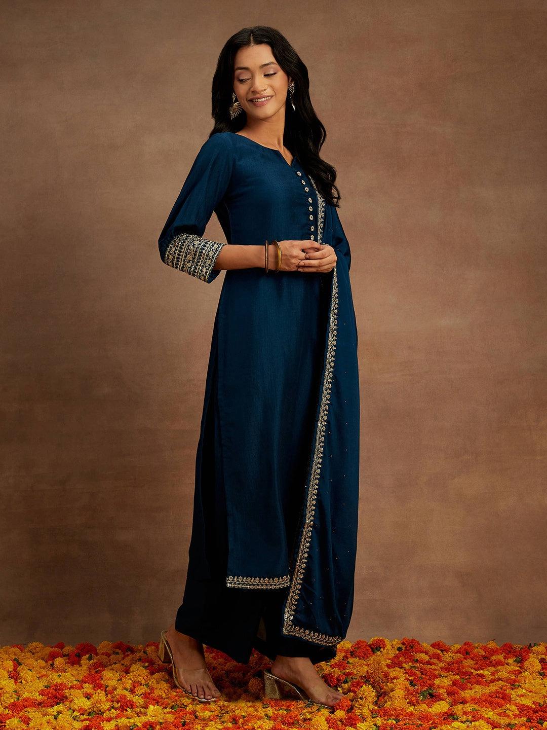 Teal Solid Silk Blend Straight Kurta With Palazzos & Dupatta - Libas 