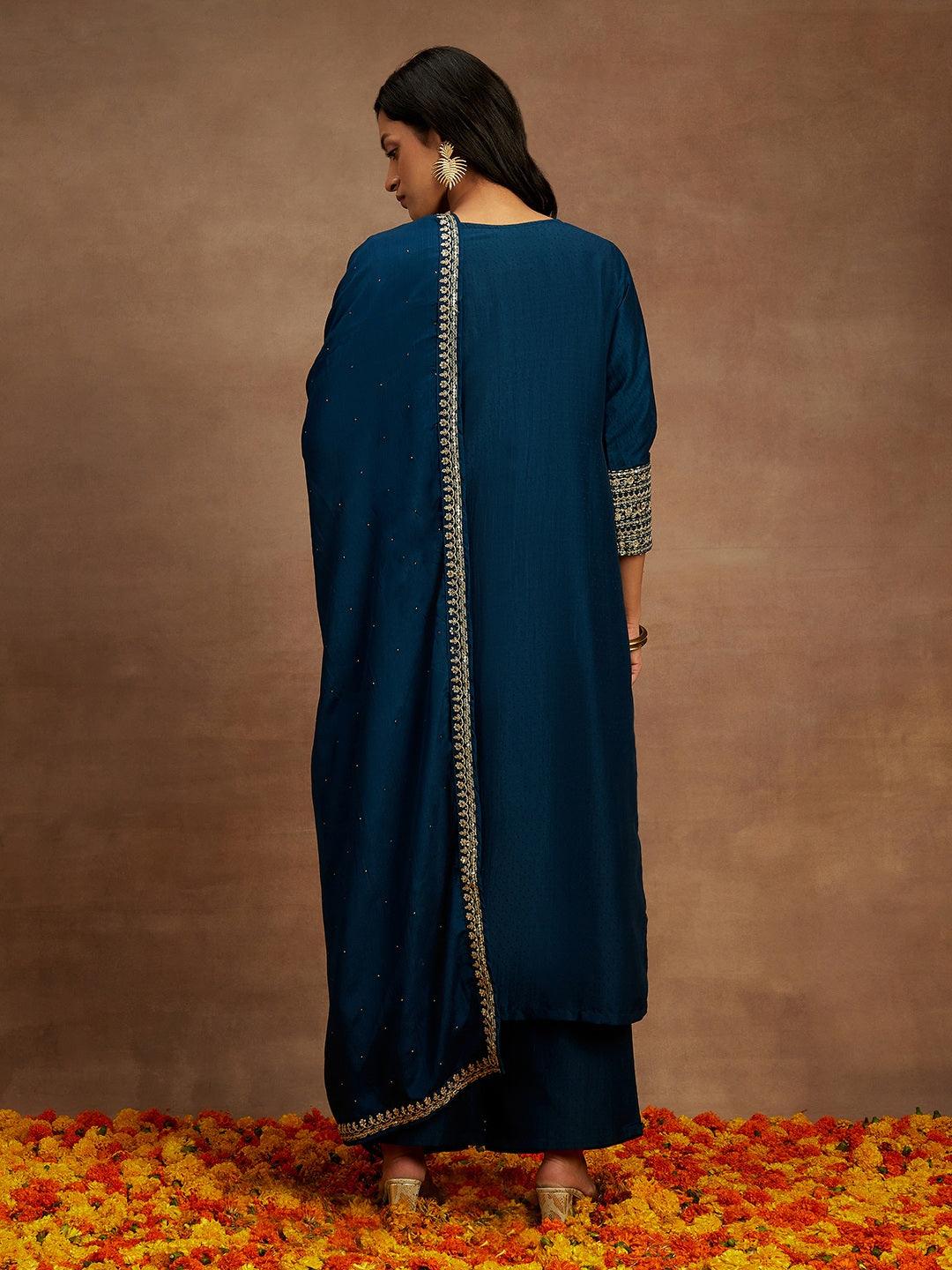 Teal Solid Silk Blend Straight Kurta With Palazzos & Dupatta - Libas 