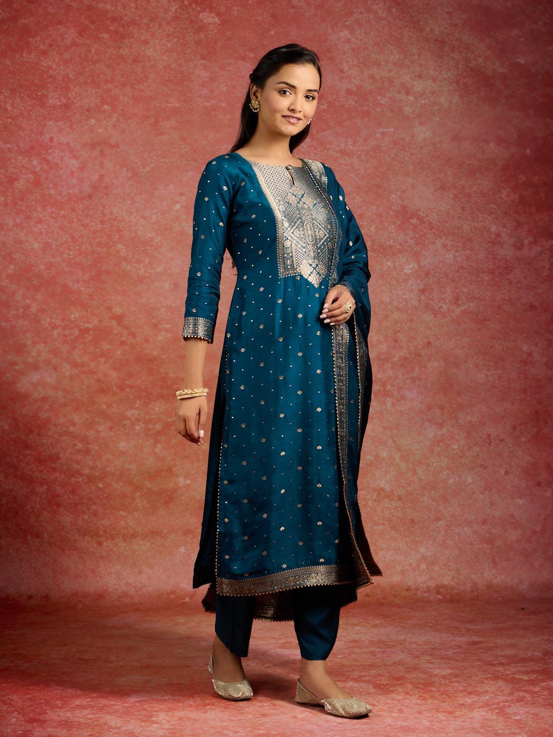 Teal Woven Design Silk Straight Kurta With Trousers & Dupatta - Libas