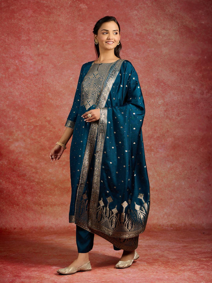 Teal Woven Design Silk Straight Kurta With Trousers & Dupatta - Libas