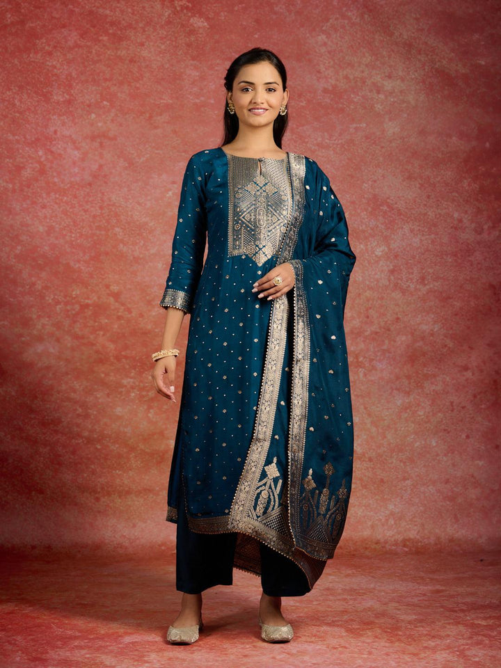 Teal Woven Design Silk Straight Kurta With Trousers & Dupatta - Libas