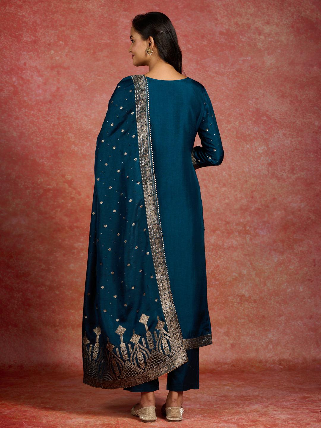 Teal Woven Design Silk Straight Kurta With Trousers & Dupatta - Libas