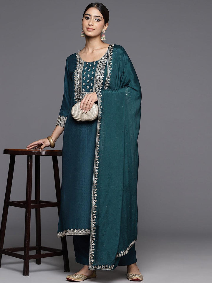 Teal Yoke Design Silk Blend Straight Kurta With Palazzos & Dupatta - Libas