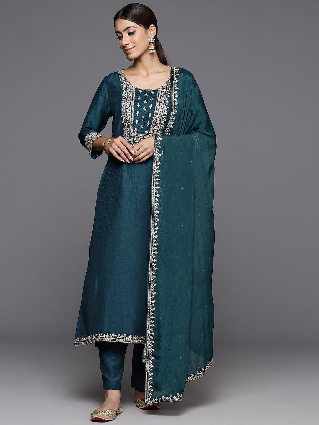 Teal Yoke Design Silk Blend Straight Kurta With Palazzos & Dupatta - Libas