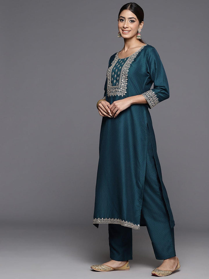 Teal Yoke Design Silk Blend Straight Kurta With Palazzos & Dupatta - Libas