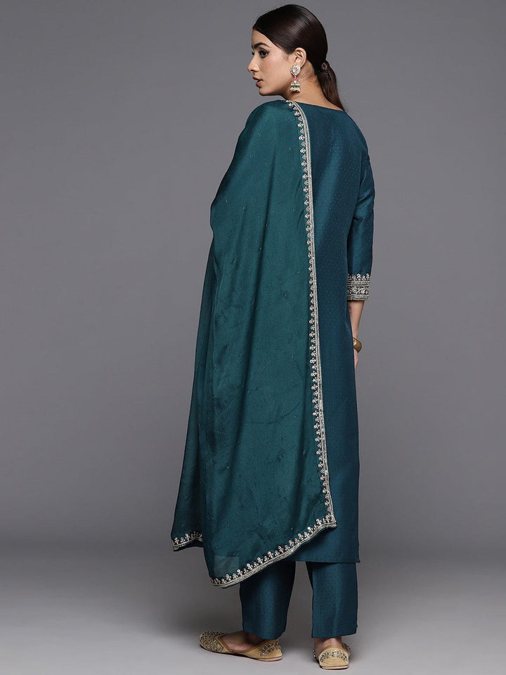 Teal Yoke Design Silk Blend Straight Kurta With Palazzos & Dupatta - Libas